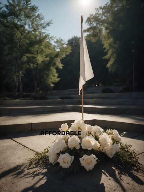 A bouquet of white roses with a flag in the middle
