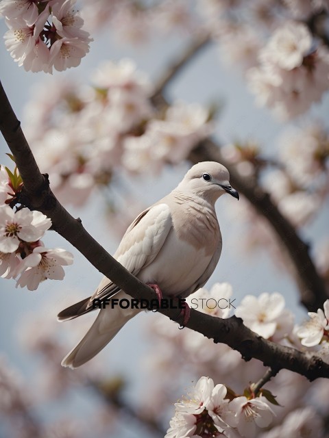 A bird perched on a tree branch with flowers
