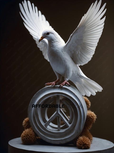 A white dove with a peace sign on its chest