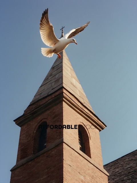 A seagull flies over a brick building