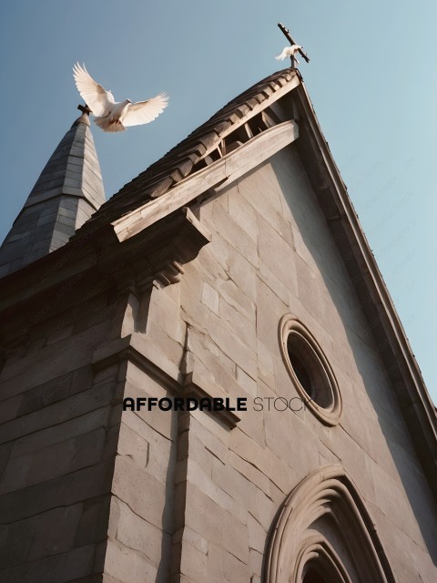 A bird flies above a church with a steeple