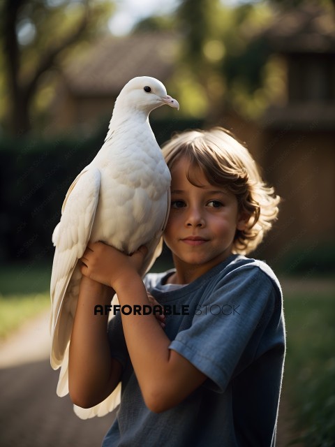 A young boy holding a white bird