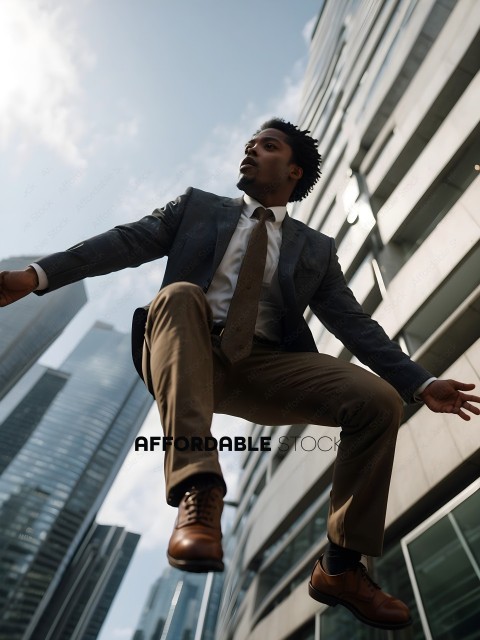 A man in a suit jumping in the air