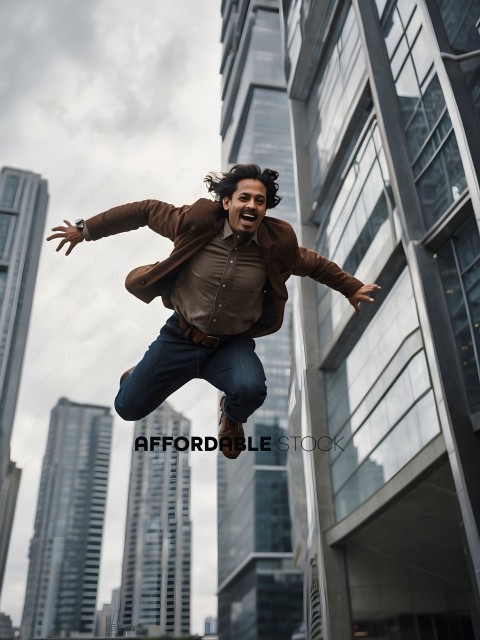 Man Jumping in Air in Front of Tall Buildings