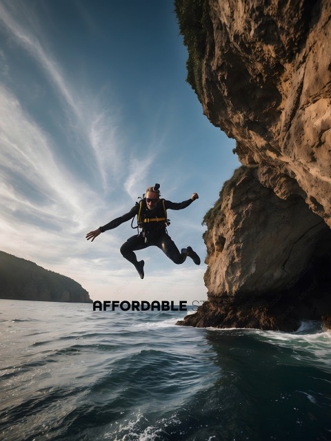 Man in black wetsuit jumping off cliff into water