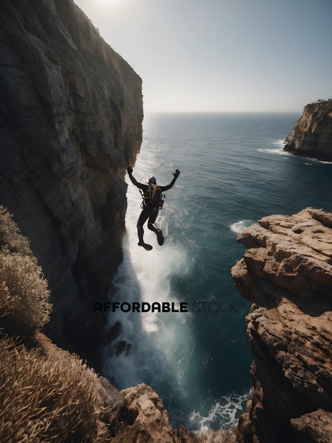 A man is diving off a cliff into the ocean