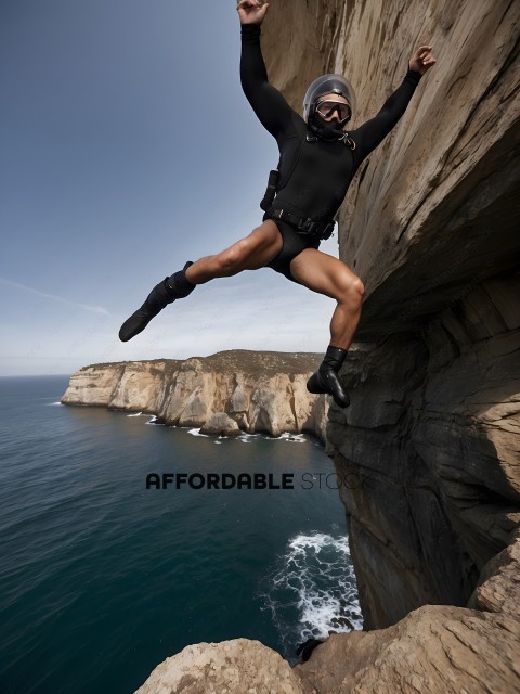 A man in a black wetsuit is jumping off a cliff into the ocean