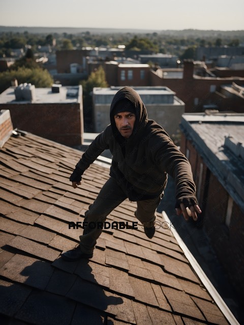 Man in hooded sweatshirt jumping off roof