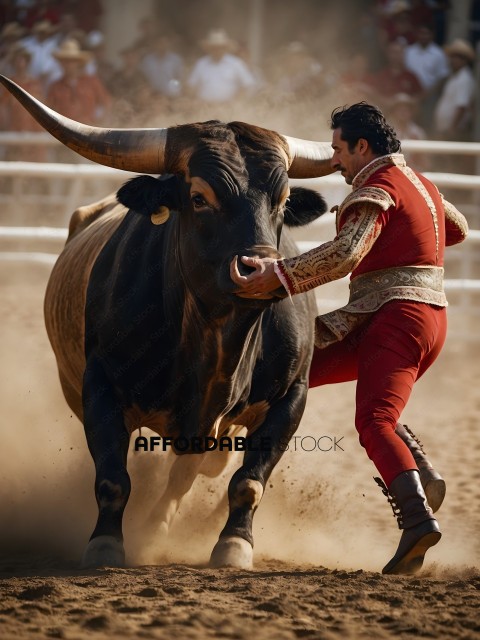 Man in red and gold costume wrestling a bull