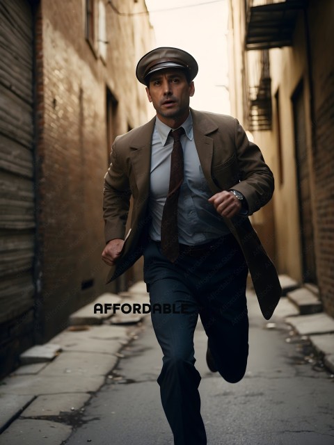 Man in a suit running down a sidewalk