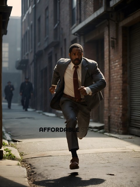 A man in a suit is running down a sidewalk