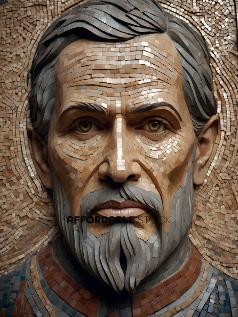 A close up of a man's face carved out of wood
