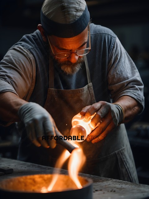 A man working with a glass blowing tool