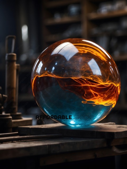 A blue and orange glass ball with a flame design