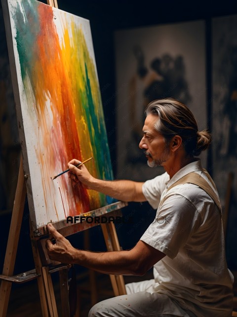 Man painting a picture with a lot of colors