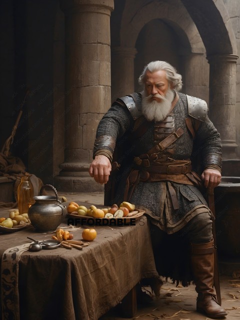 A man with a long white beard and a gray beard sitting at a table with fruit