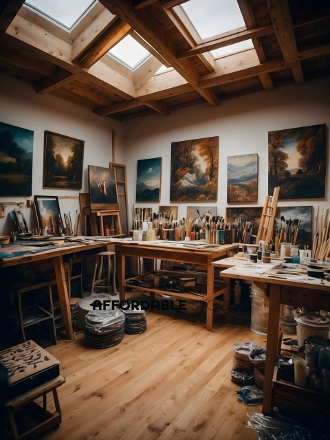 Artist's Studio with Paintings and Paint Supplies