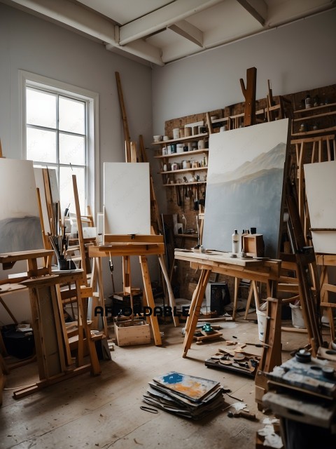 A cluttered art studio with a mountain painting