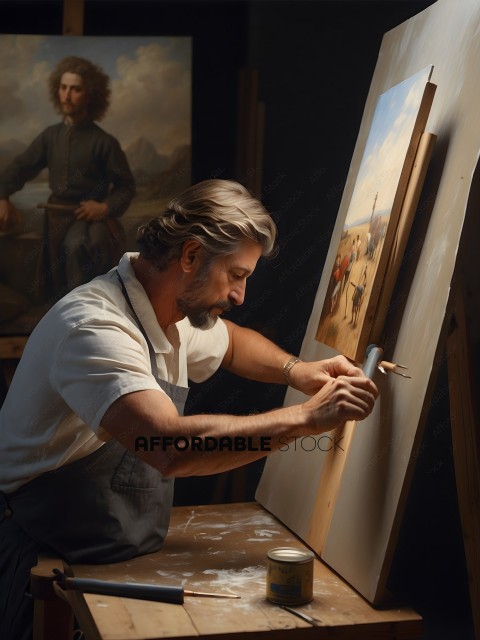 A man painting a picture on a canvas