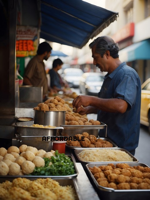 A man in a blue shirt is preparing food