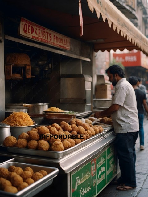 Man in white shirt standing in front of food stand
