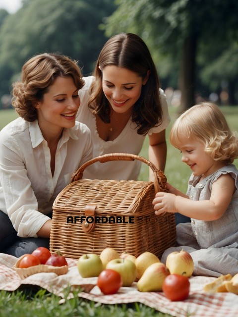 Two women and a child are sitting on the grass and looking at a wicker basket
