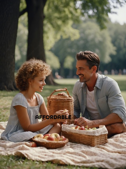 A man and a woman are sitting on the grass and eating fruit