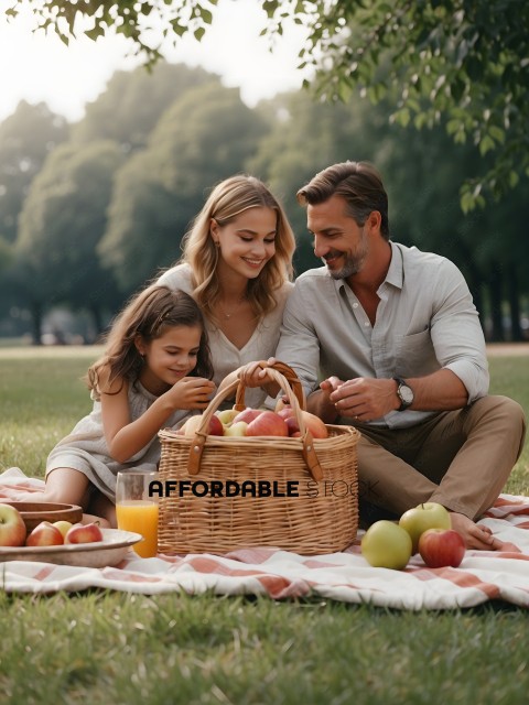 A family of three sitting on a blanket with a basket of fruit