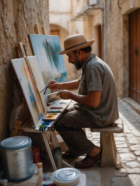 Man painting on a canvas in the street