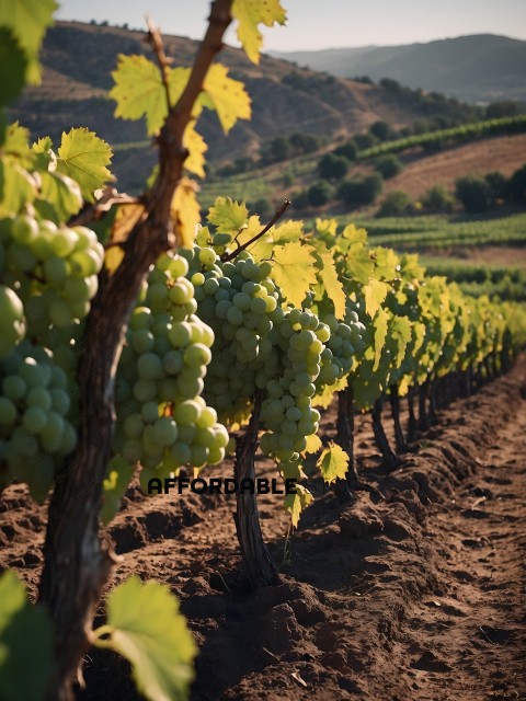 A vineyard with green grapes and yellow leaves