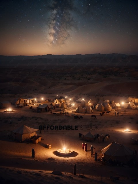 A group of people are gathered around a fire in the desert