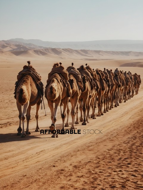 A line of camels walking in the desert