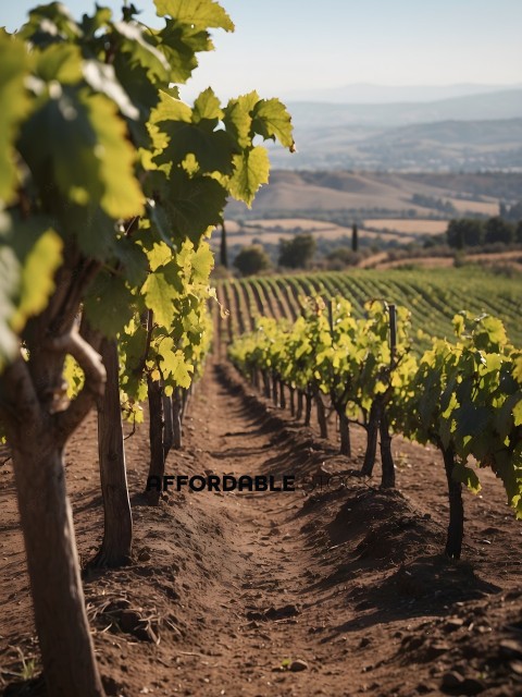 Vineyard with a dirt path between rows of vines