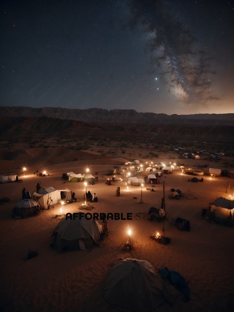A group of people camping in the desert at night
