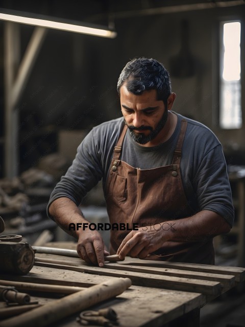A man in a workshop, working on a wooden object