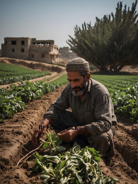 Man in a field tending to plants