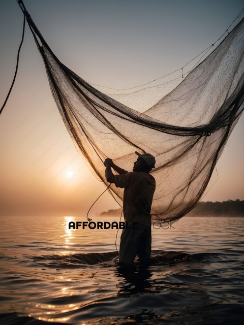 A man fishing in the ocean at sunset