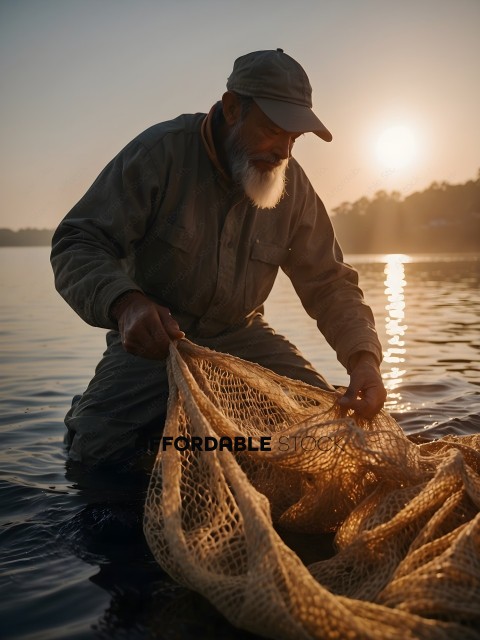 A man with a beard and mustache is holding a fishing net