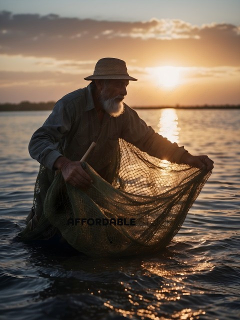 Man Fishing in the Ocean at Sunset