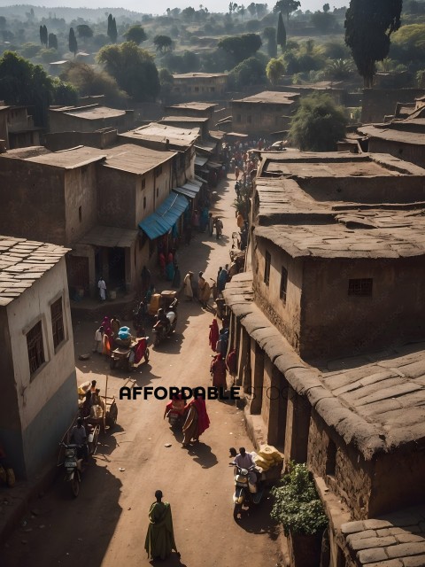 People in a village with a lot of buildings