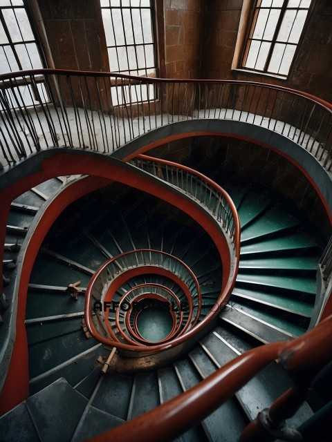A spiral staircase with red handrails