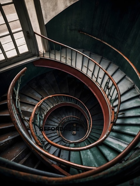 A spiral staircase with a red handrail