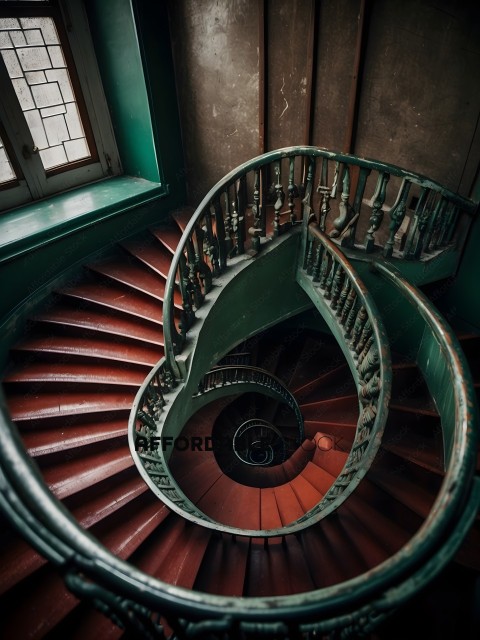 A spiral staircase with a green railing