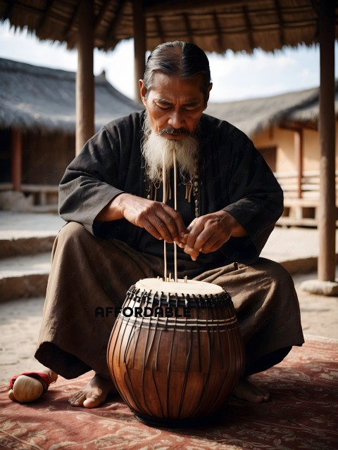 An elderly man plays a stringed instrument