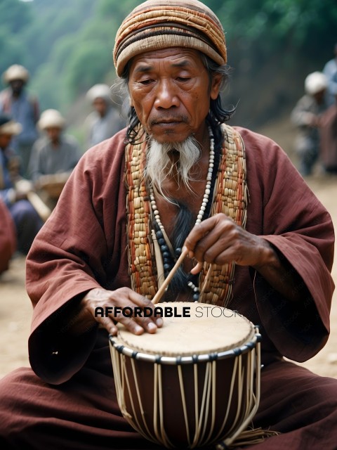 A man wearing a red robe is playing a drum