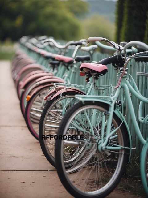 A row of bicycles parked next to a fence