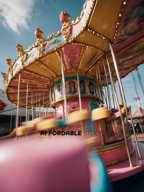 A carousel with a pink and blue color scheme