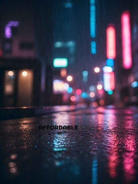 Rainy night in a city with neon lights