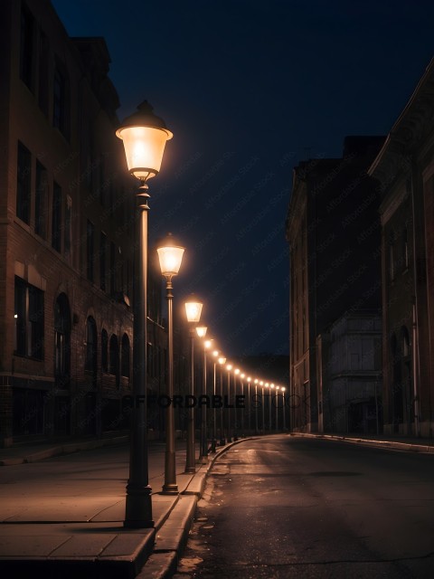 A row of street lamps on a city street at night