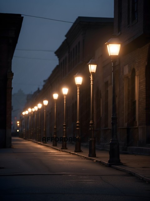 Lights on poles line a city street at night